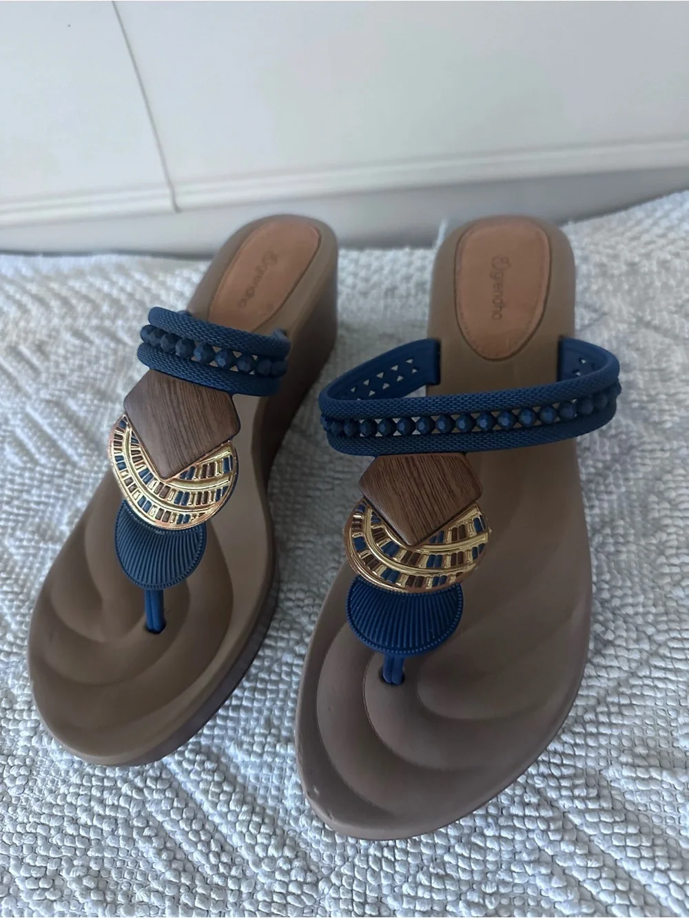 Grendha Wedge Thong Sandals in Navy and Tan with Decorative Accents